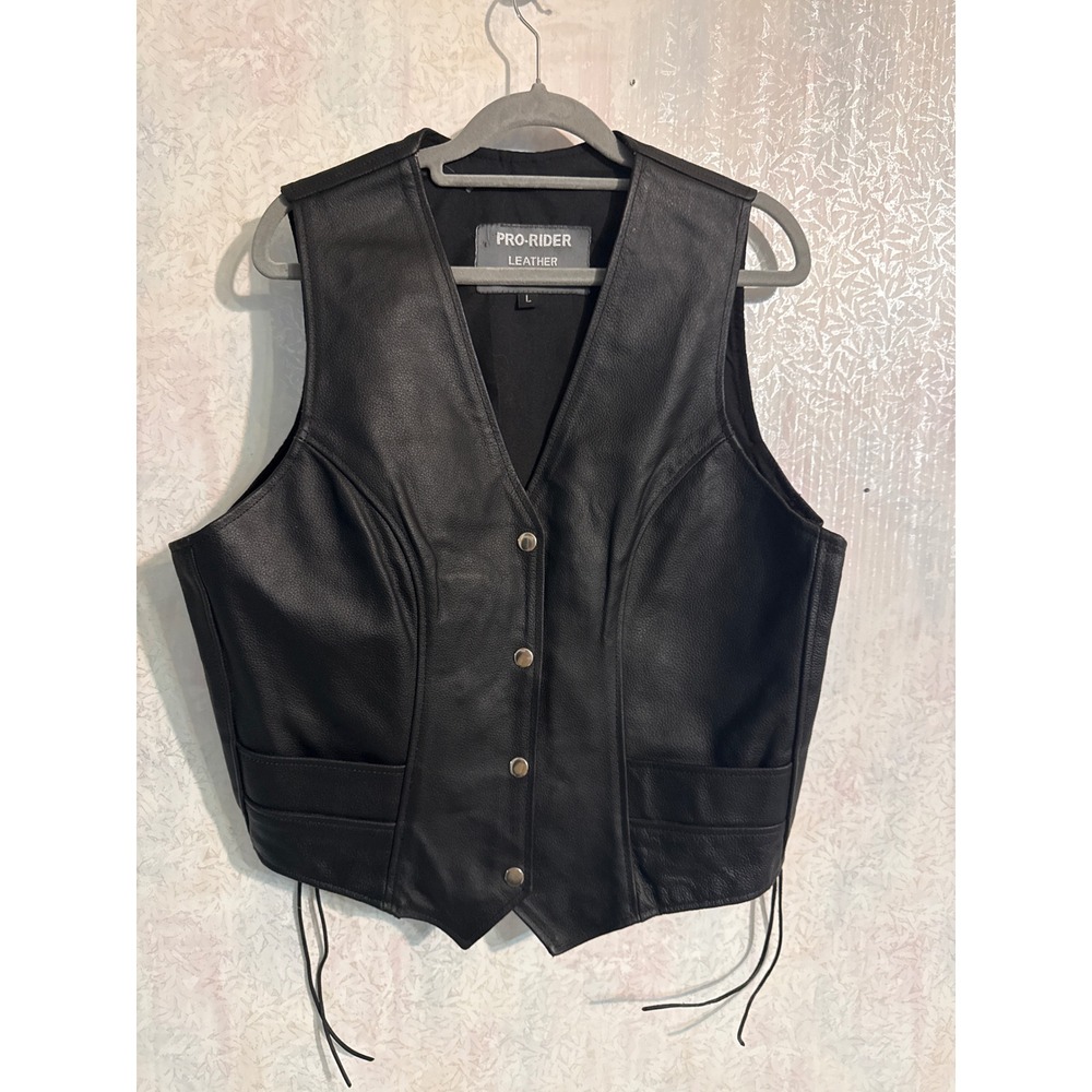 Pro-Rider Leather USA Black Biker Vest Side Lace Up Snap Front Mens Large